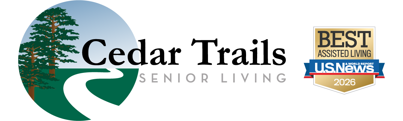 Cedar Trails Senior Living logo alongside the 2026-2027 U.S. News Best Assisted Living award badge, recognizing excellence in senior assisted living services.