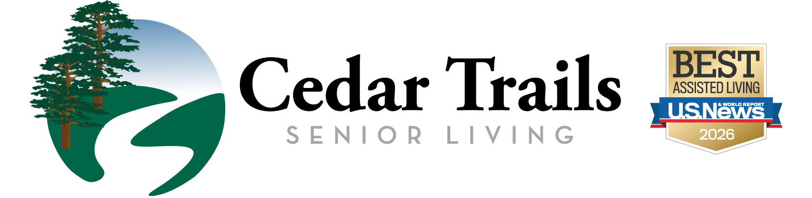 Cedar Trails Senior Living logo alongside the 2026-2027 U.S. News Best Assisted Living award badge, recognizing excellence in senior assisted living services.
